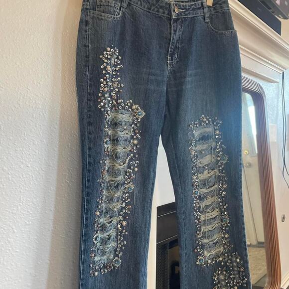 2000s Intricate Beaded Ripped Jeans - Picture 5 of 8